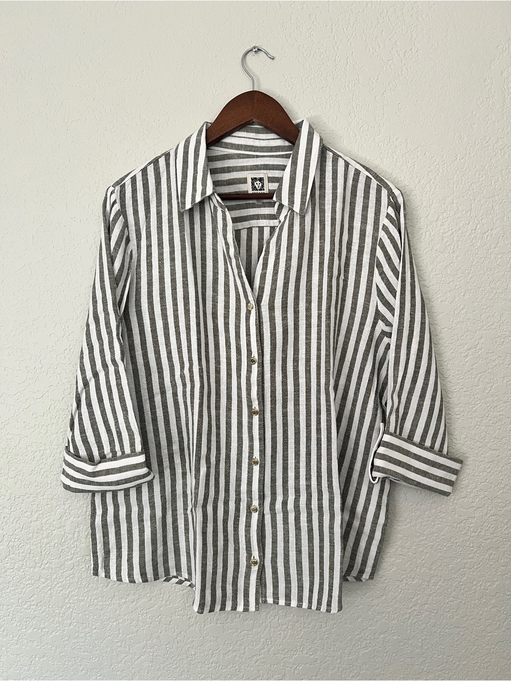 Anne Klein Linen Blend Grey & White Striped Button-Down Blouse